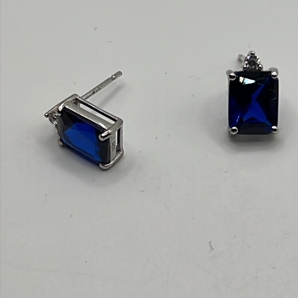 SAPPHIRE AND CLEAR CZ STERLING SILVER POST EARRINGS - Picture 10 of 10